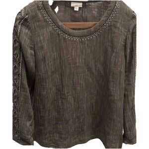 J Jill Tunic Top Embroidered Large L Peasant Boho Olive Green Shirt Blouse Cotto
